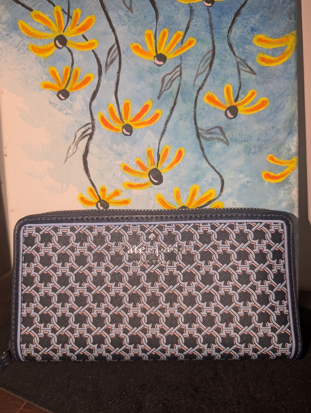 Kate Spade Patterned Zip-Around Wallet in Navy and Light Blue
